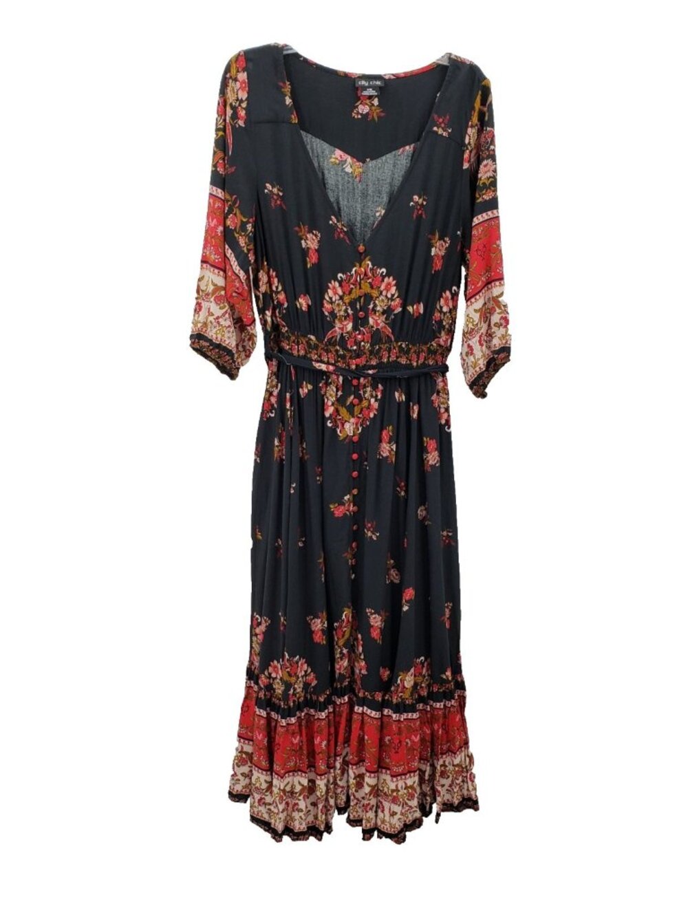 City Chic Maxi Dress Sz 16 Black Floral Button Up Front Border Print 3/4 Sleeve